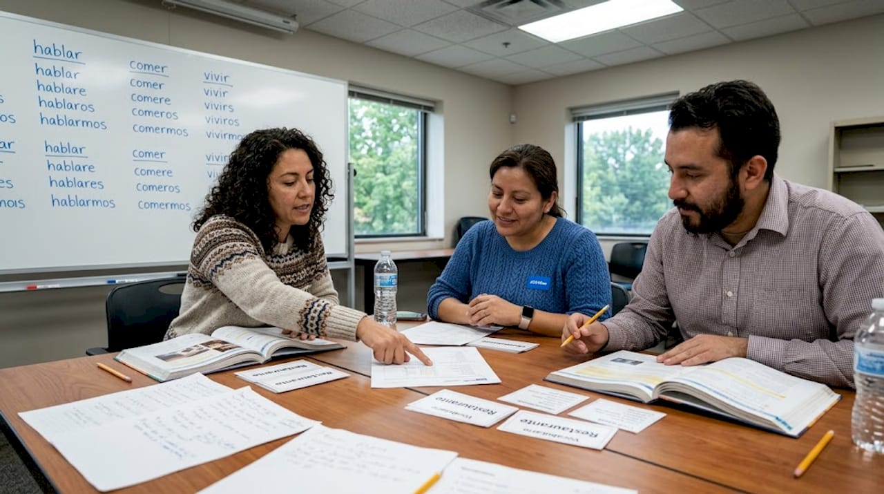 Adult learners discuss Spanish assignments in group