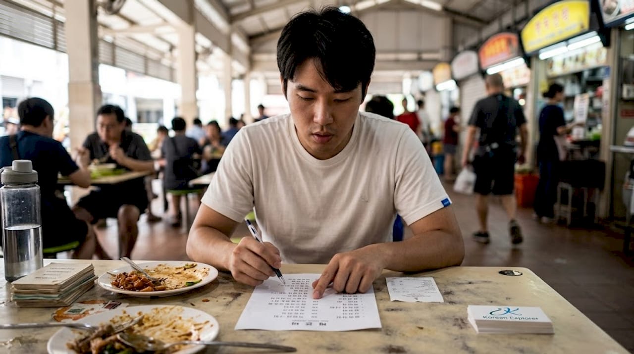 Young man reading Korean menu in hawker centre