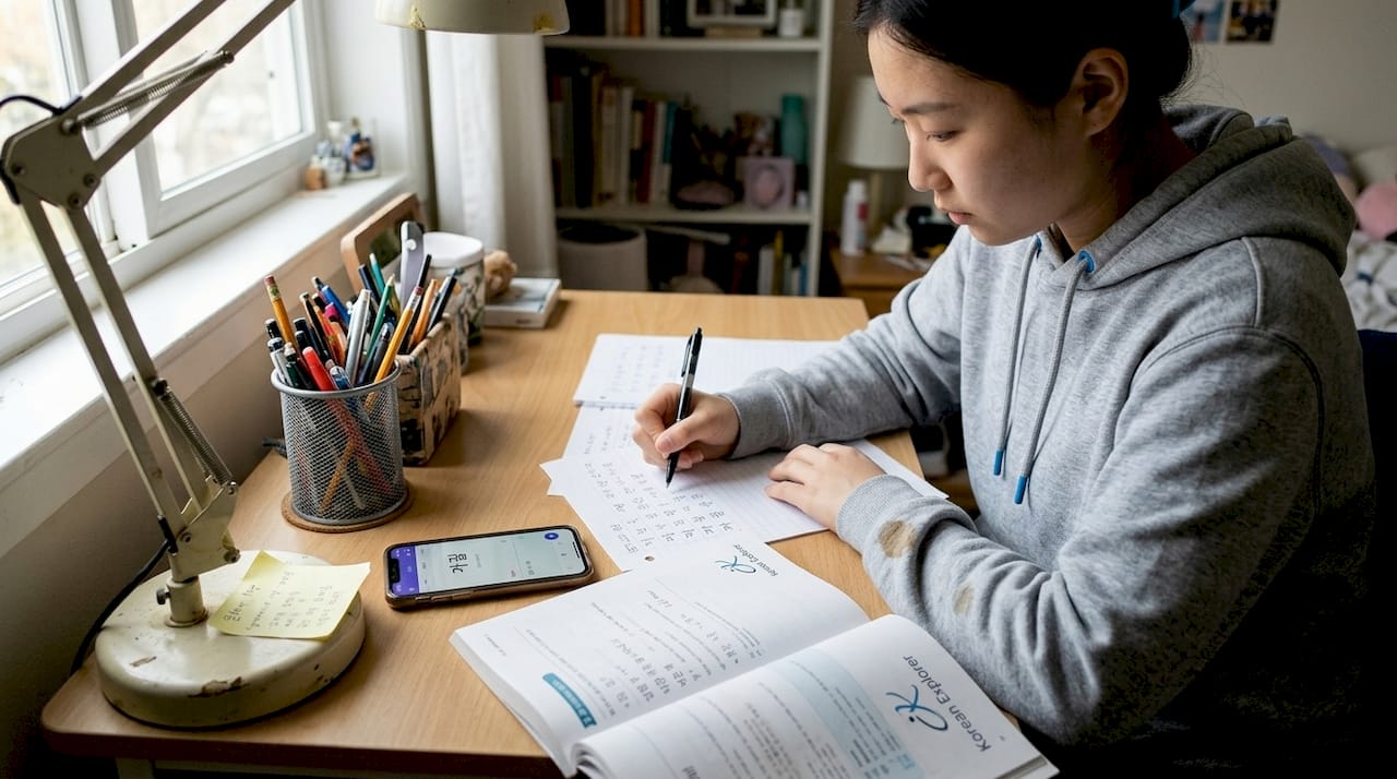 Student practicing Hangul at study desk