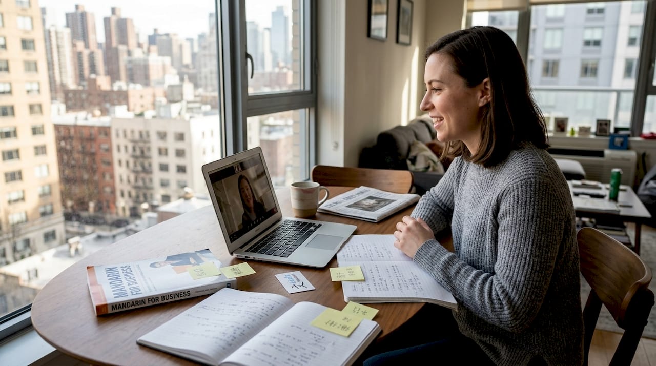 Home office Mandarin tutoring video call setting