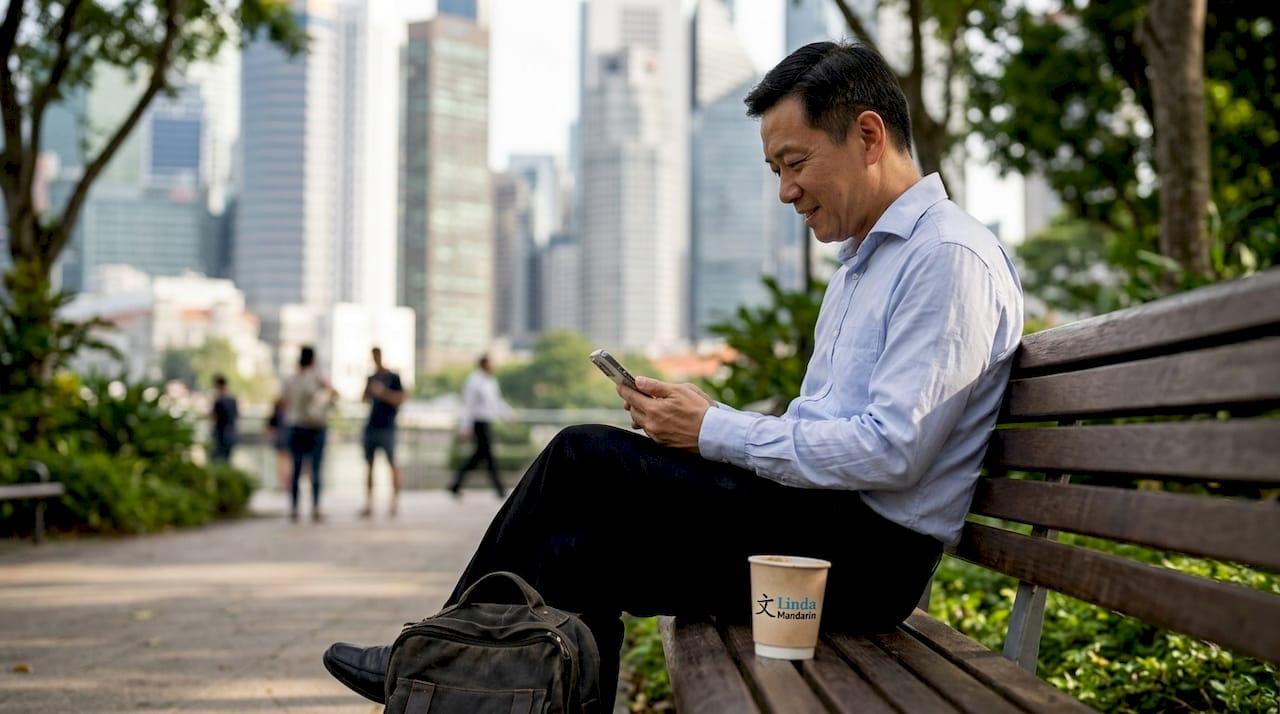 Man practicing Mandarin during lunch break