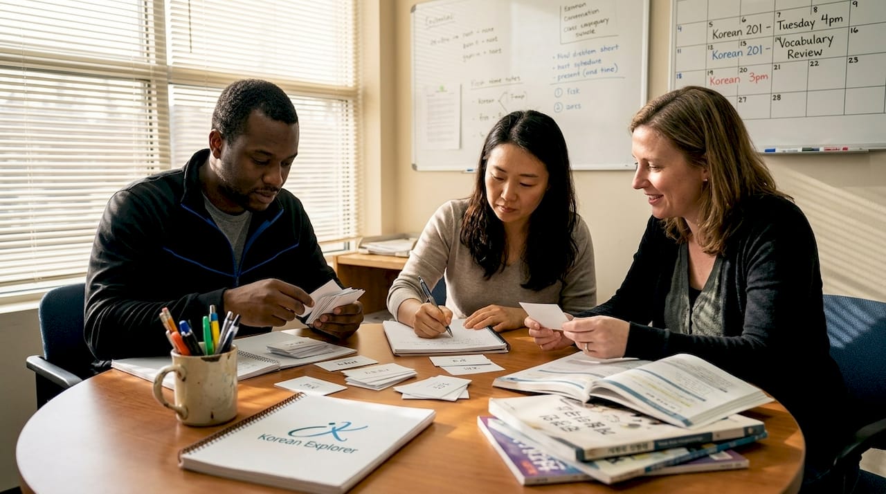 Students studying together in language class