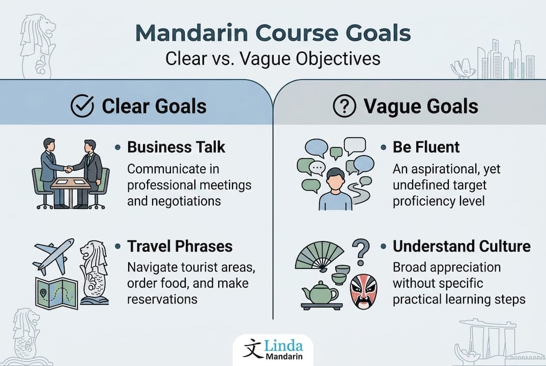 Infographic comparing clear vs vague Mandarin goals