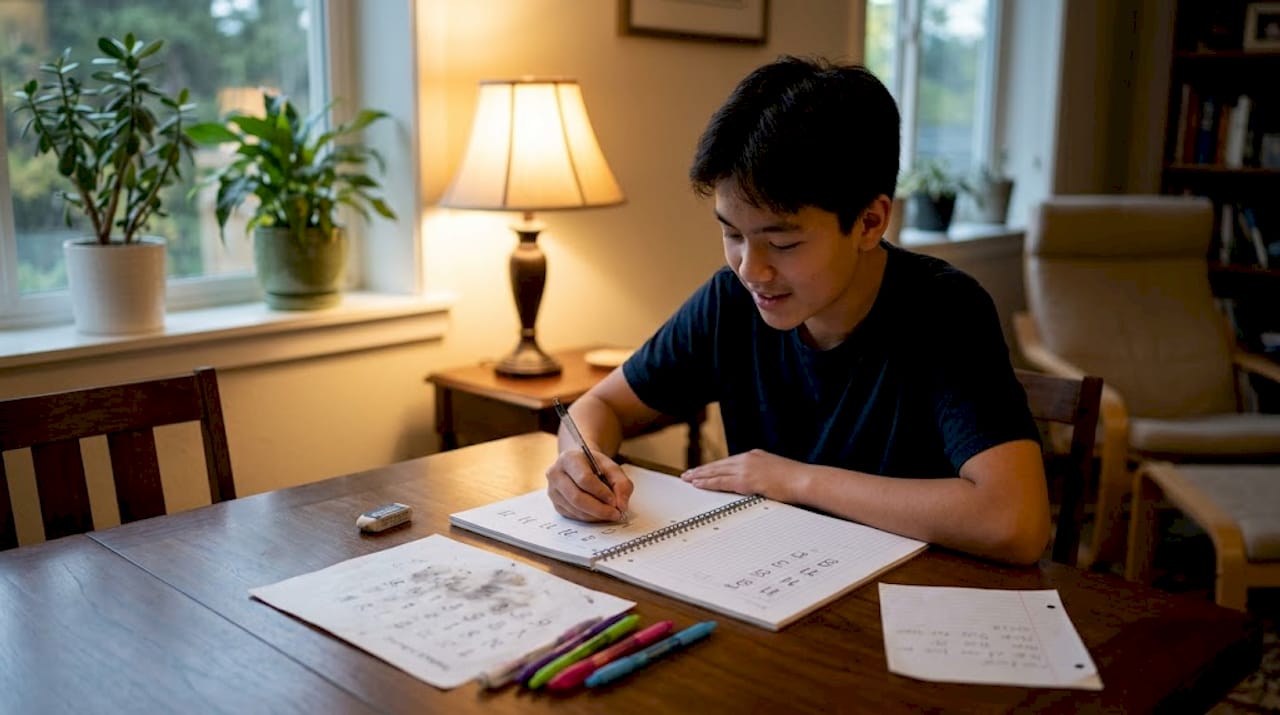 Teen practicing Thai writing at home table