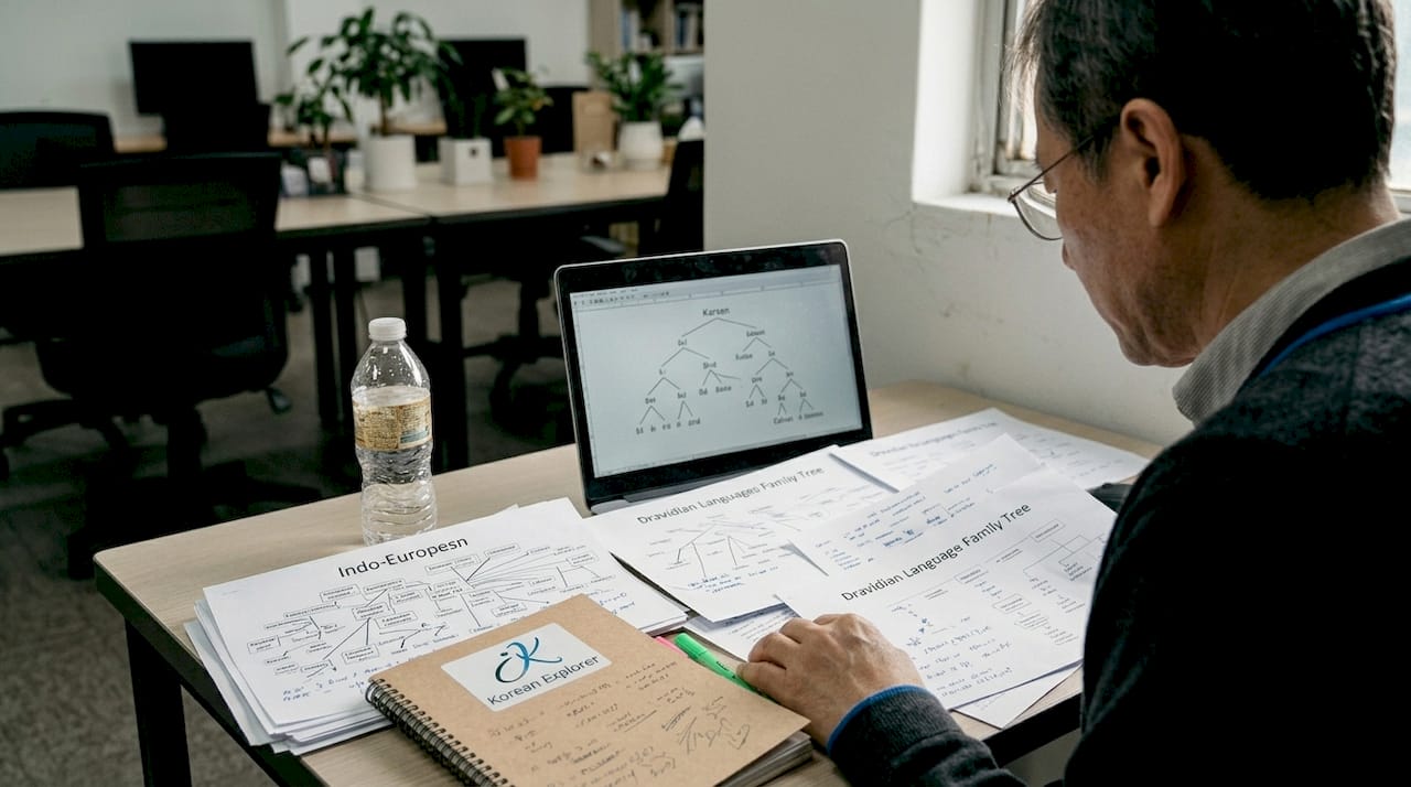 Linguist examining chart of language relationships