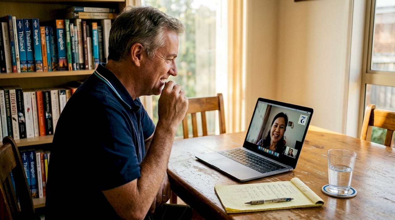 Man practices Thai with online tutor at home