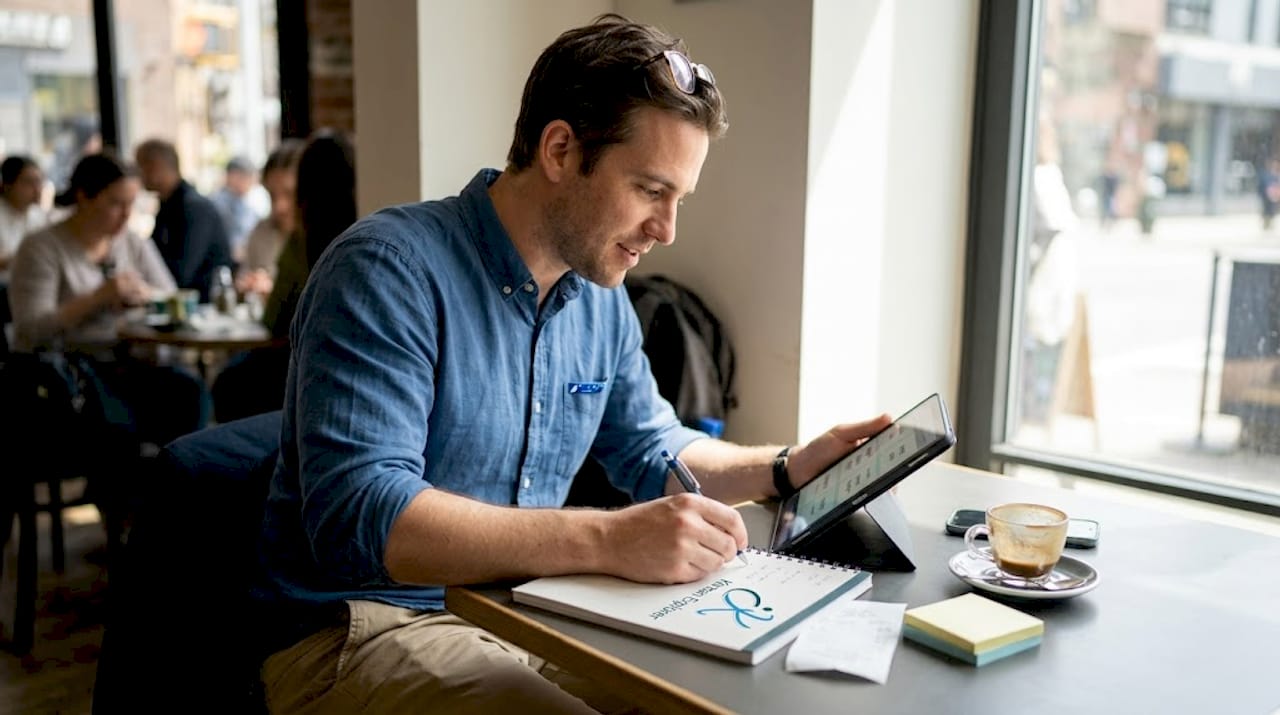 Man learning Korean in a busy café