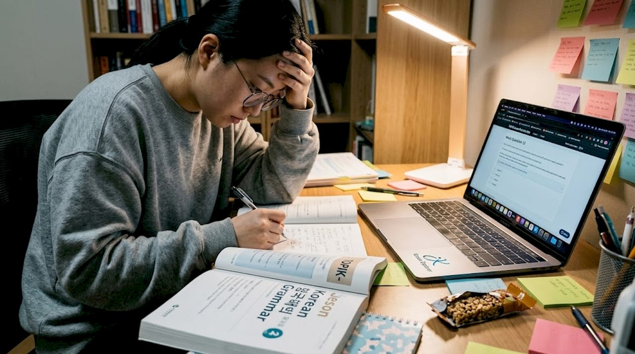 Student studying Korean academic materials