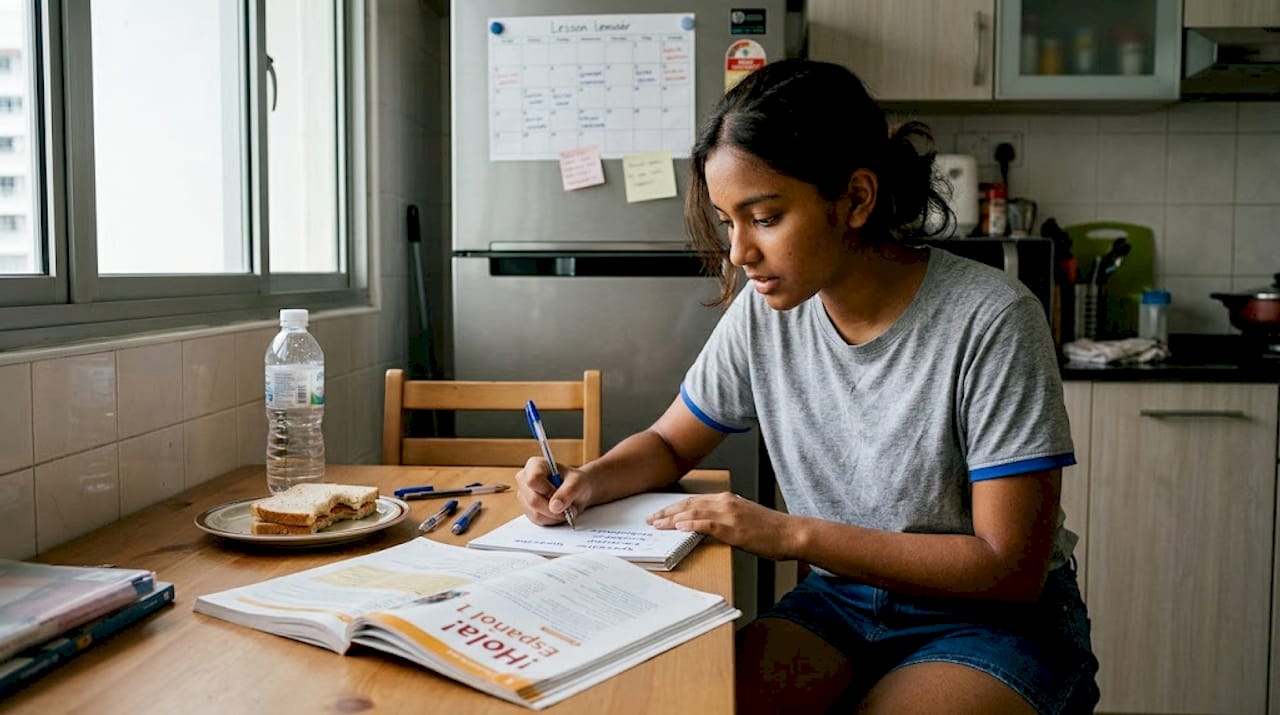Student studying Spanish in Singapore kitchen