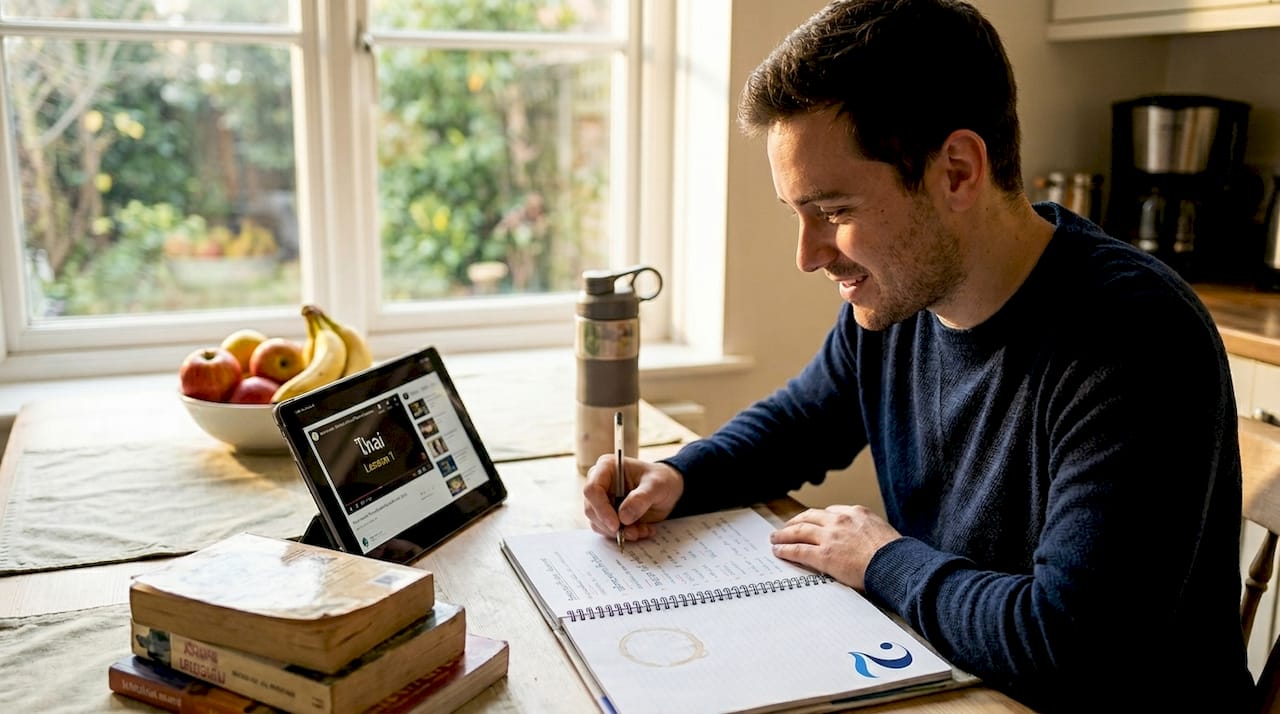 Man learning Thai online at kitchen table