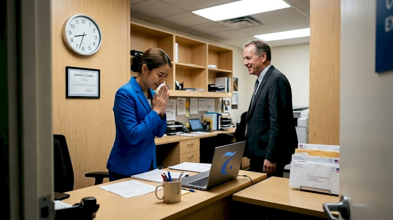 Receptionist greets colleague with wai gesture