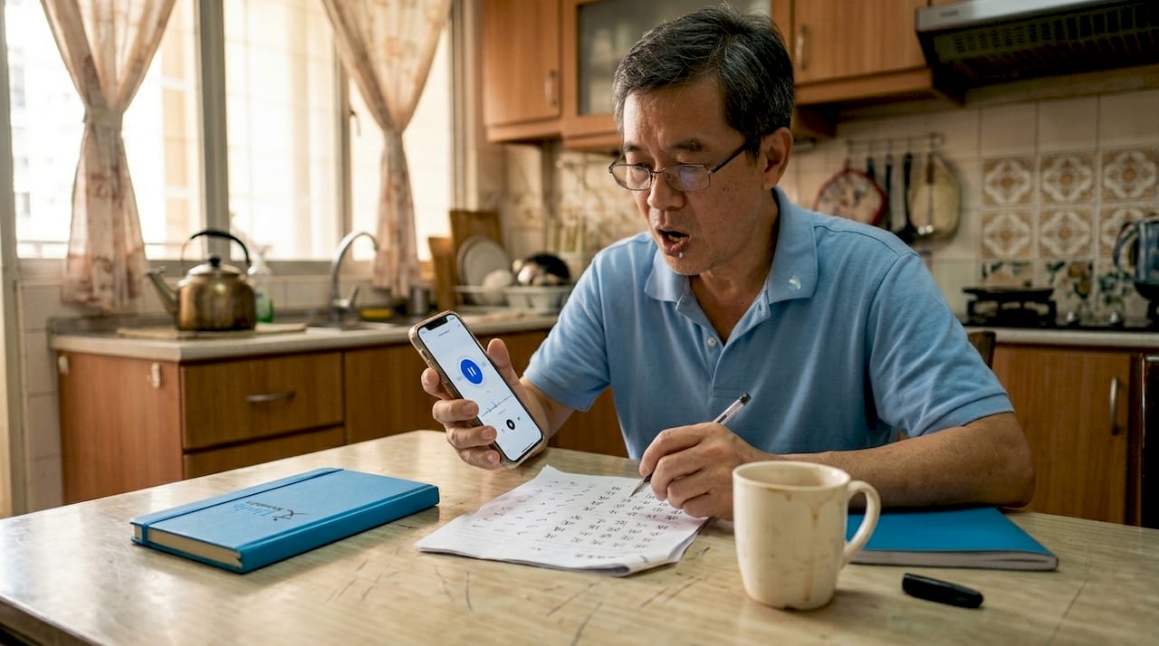 Man practicing Mandarin tones at kitchen table
