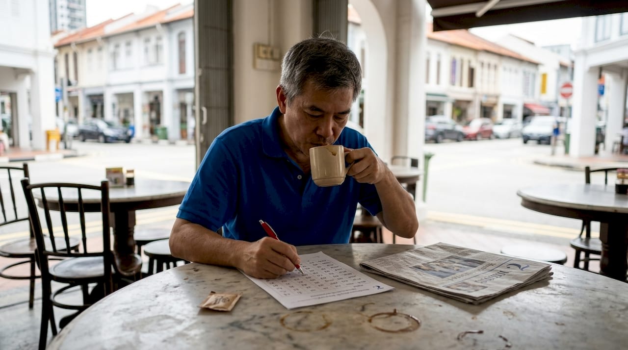 Man practicing Thai reading at café table