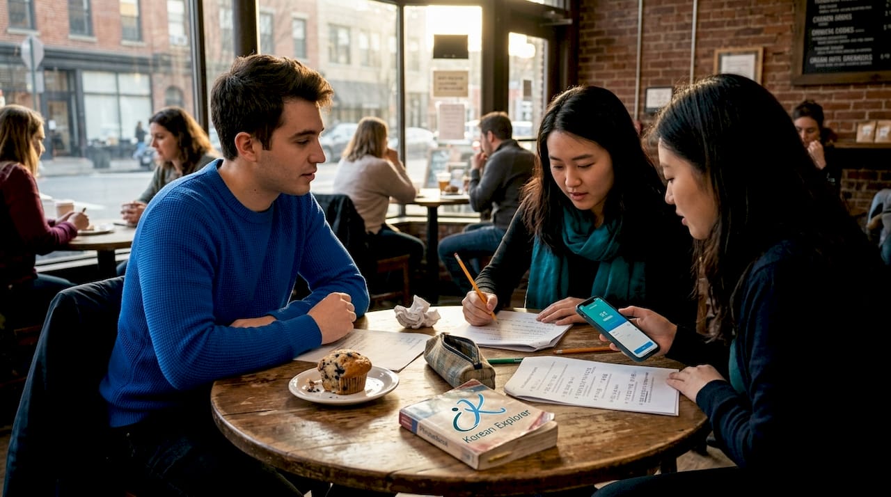 Language learners practicing Korean in café