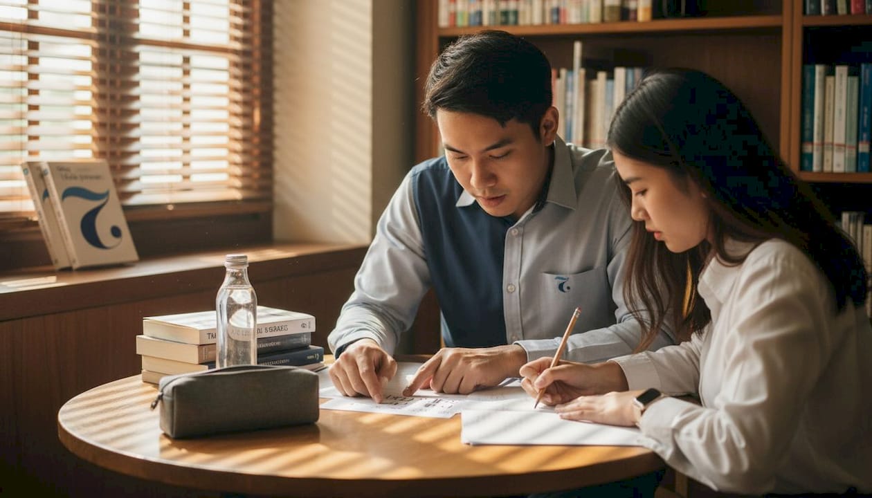 Tutor helping student with Thai writing practice