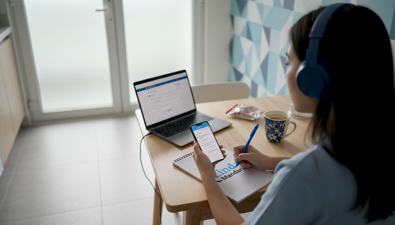 Woman practicing conversational Chinese at home