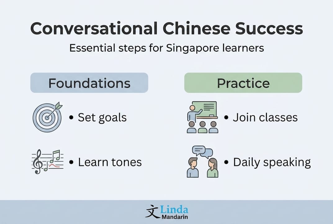Infographic showing steps to learn conversational Chinese