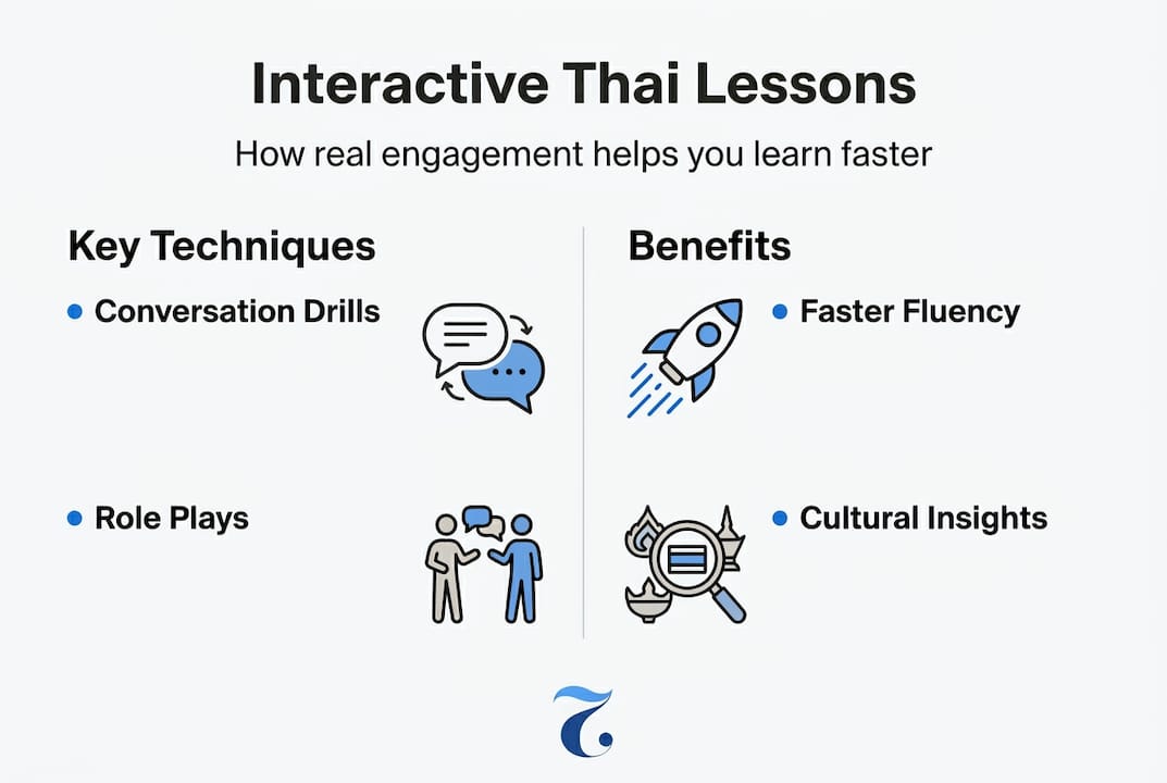 Infographic showing interactive Thai lesson techniques and benefits