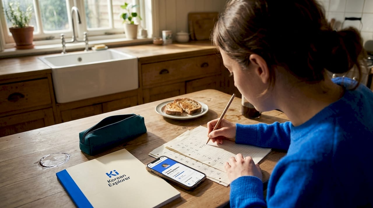 Woman practicing Hangul at kitchen table