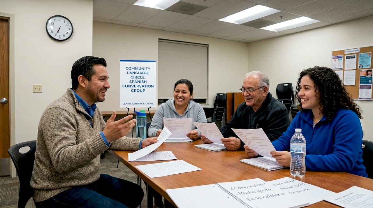 Adults practicing Spanish conversation at table