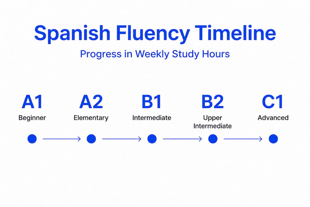 Infographic outlining Spanish proficiency timeline with weekly study