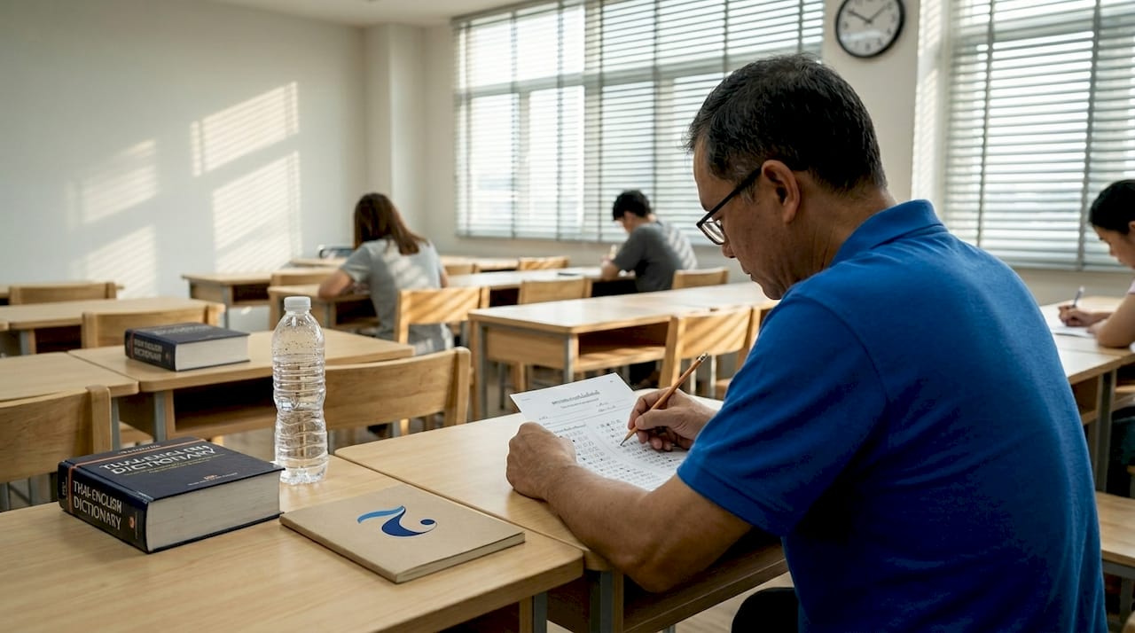 Man taking Thai language placement test