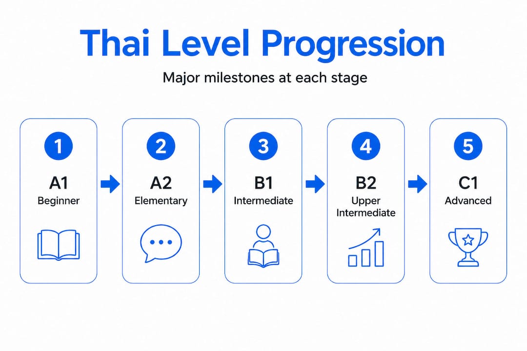 Five-step infographic of Thai language level progression