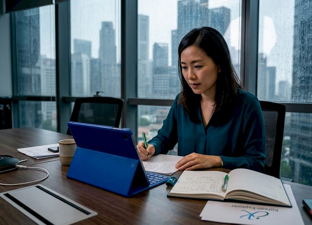 Professional using Korean in Singapore office meeting