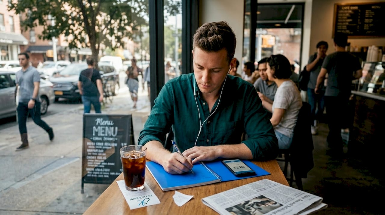 Man practicing Korean at busy street café