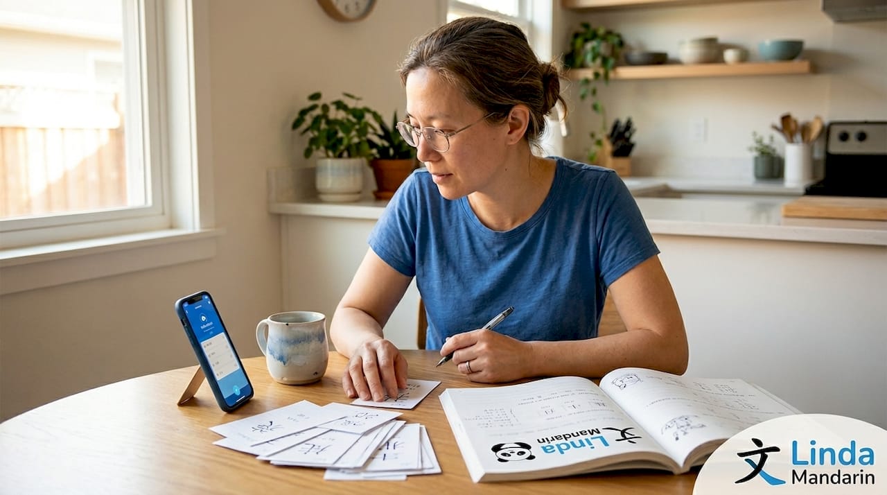 Adult practicing Mandarin pronunciation at kitchen table