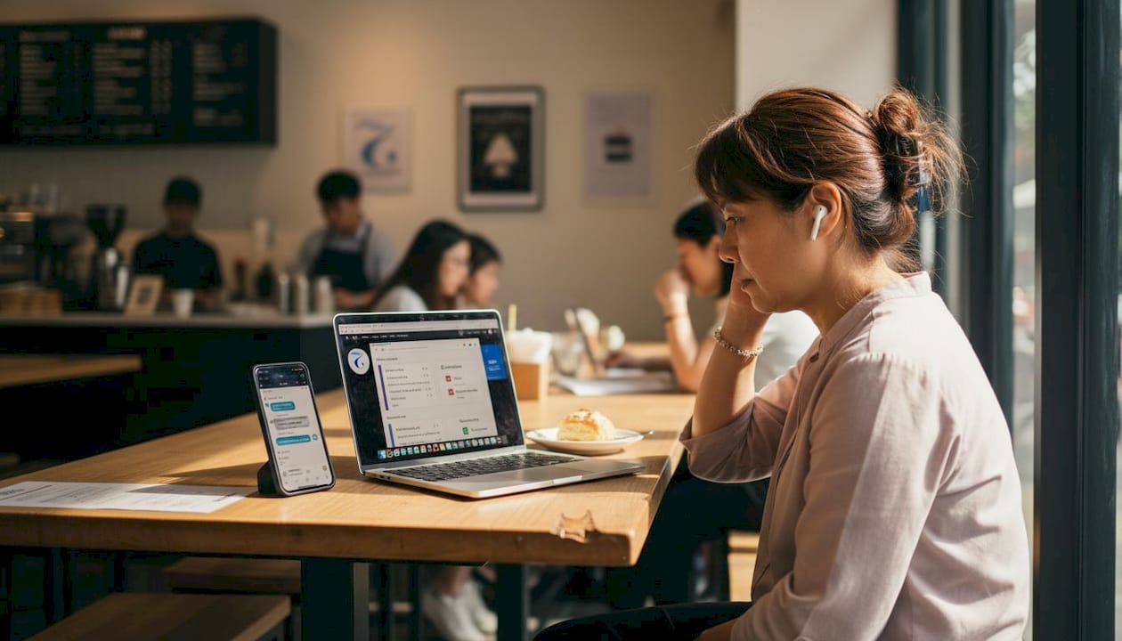 Woman joins structured online Thai class at café
