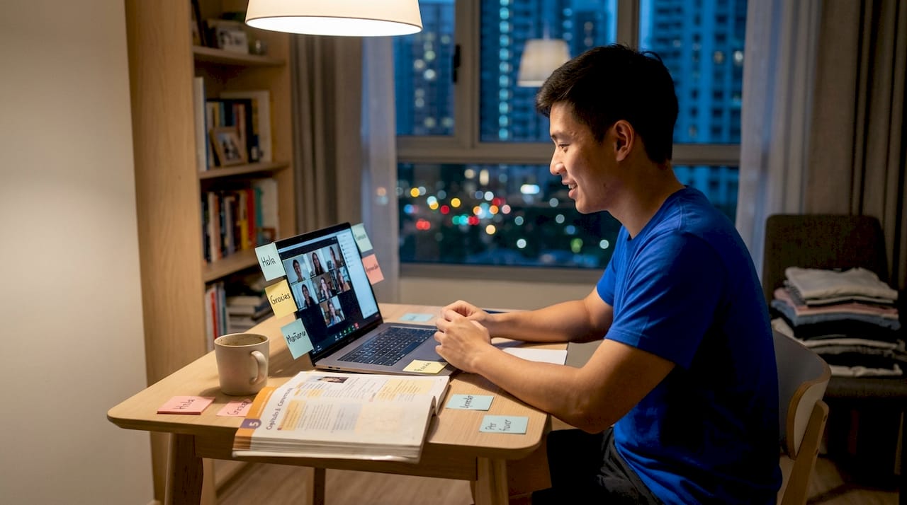 Man practicing Spanish in Singapore home