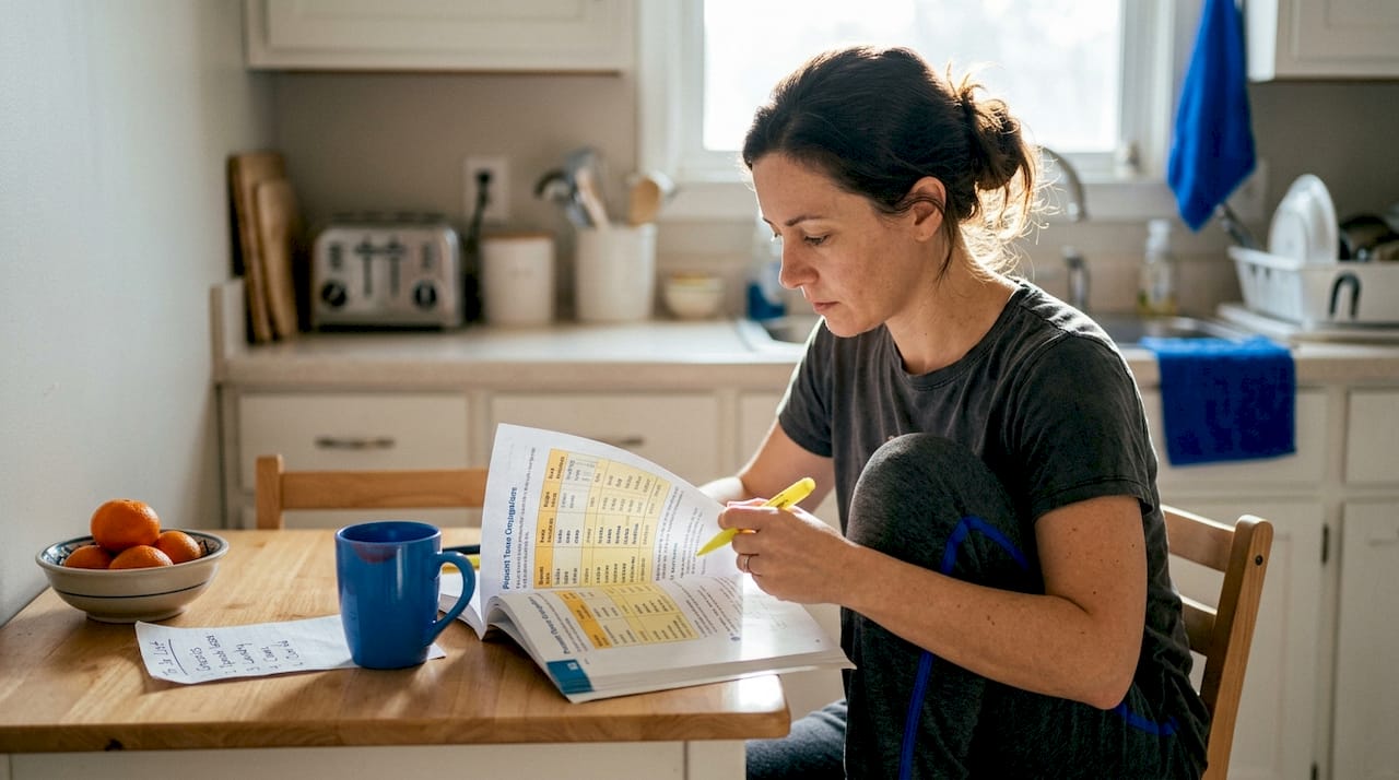 Woman studying Spanish at kitchen table in morning
