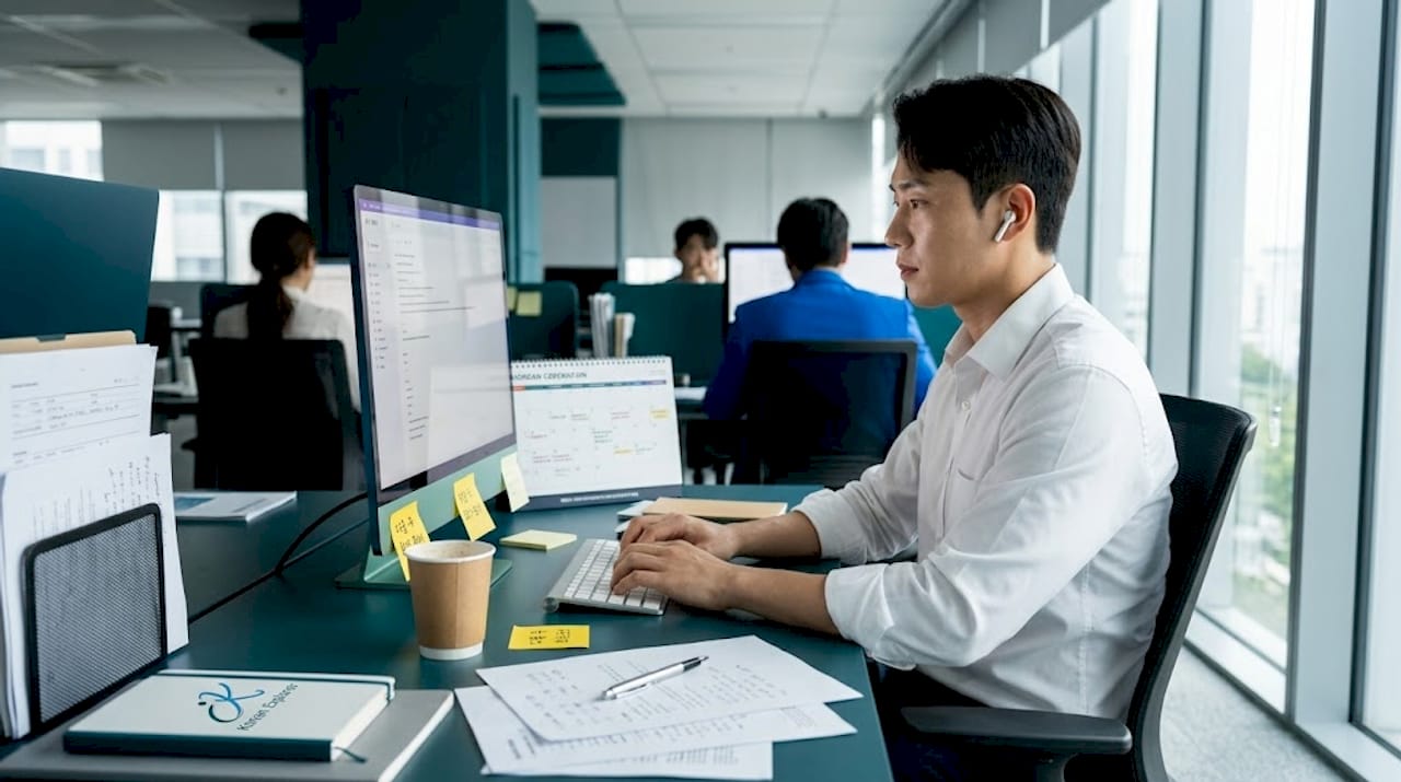 Man composing Korean work email in open office
