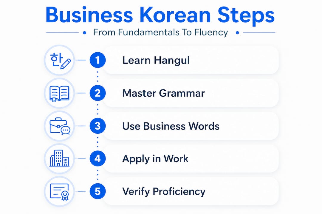 Infographic shows steps for business Korean proficiency