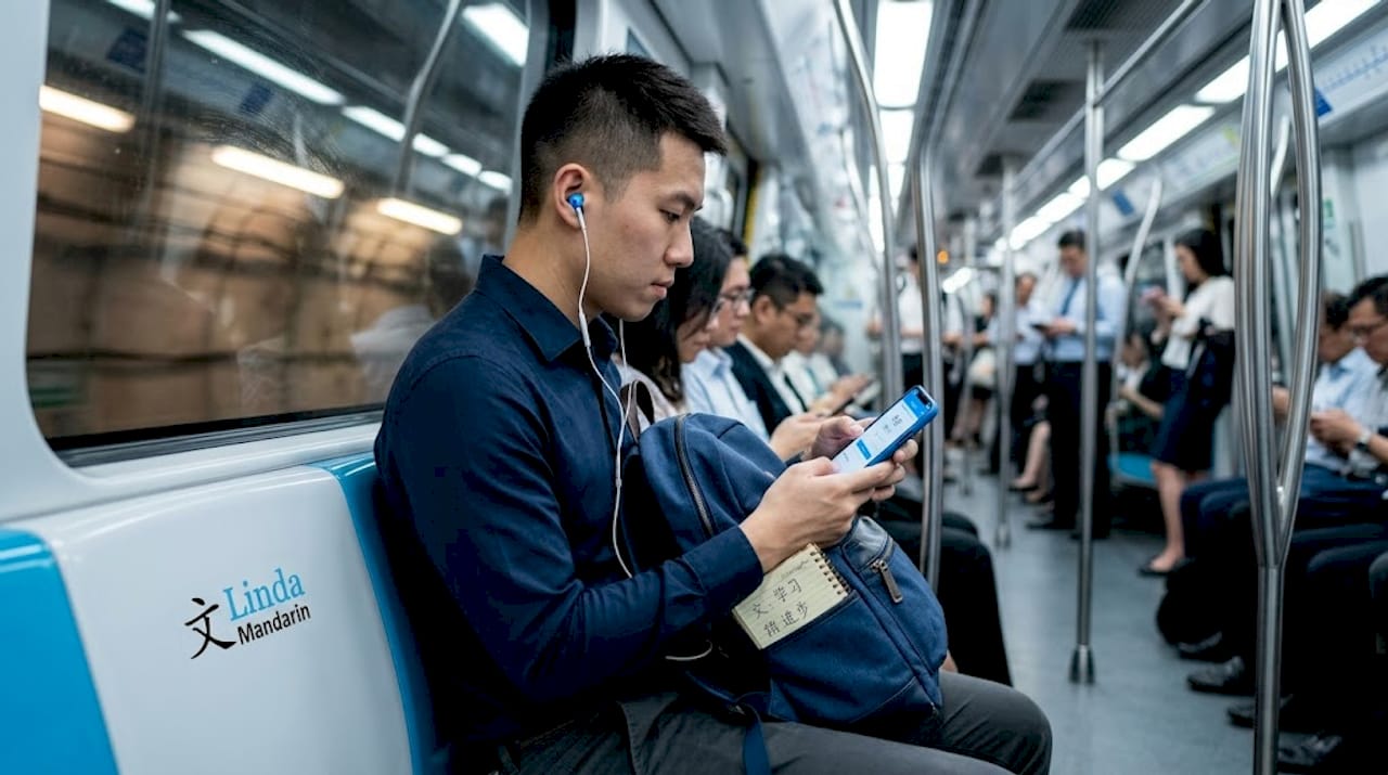 Professional practicing Mandarin listening on MRT