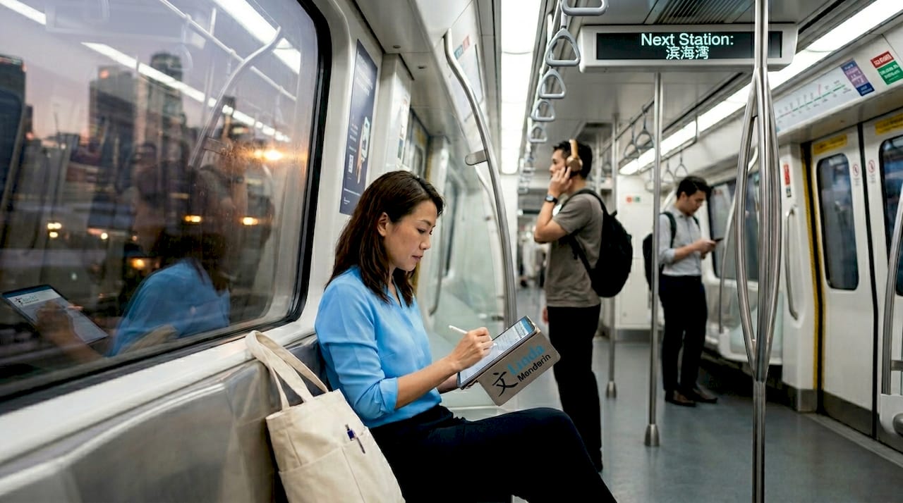 Commuter studying Mandarin on Singapore MRT