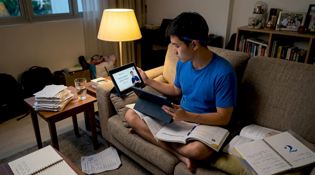 Man studying Thai at home with books