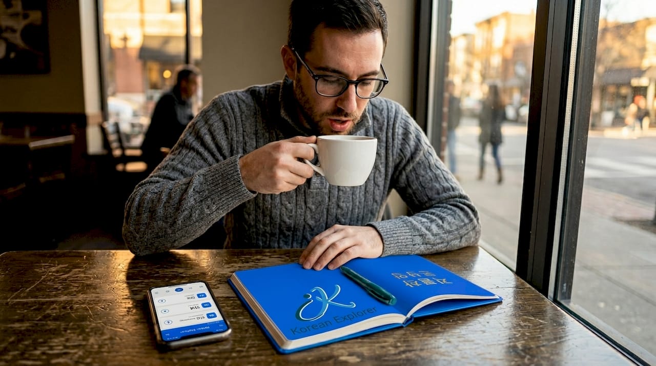 Man studying Korean words in sunny café