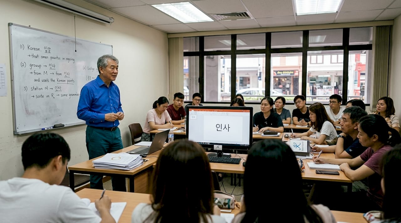 Instructor teaching Korean grammar in classroom