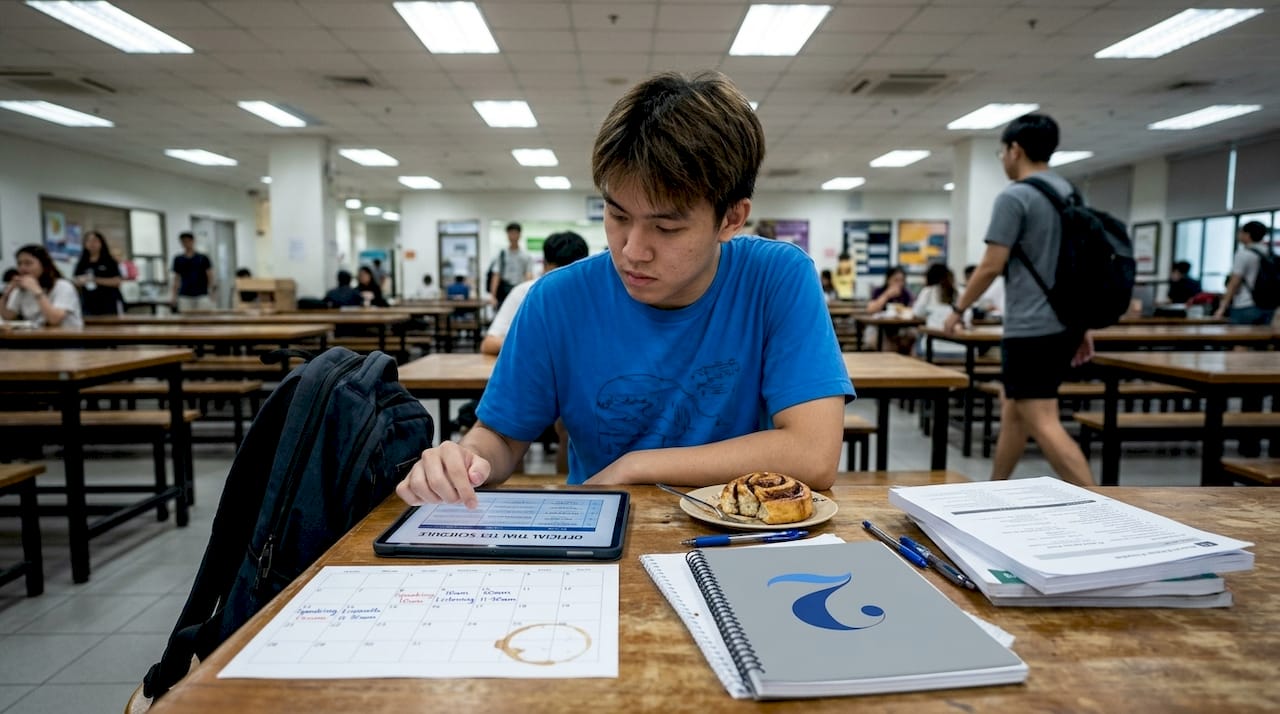 Student reviewing Thai test calendar at table