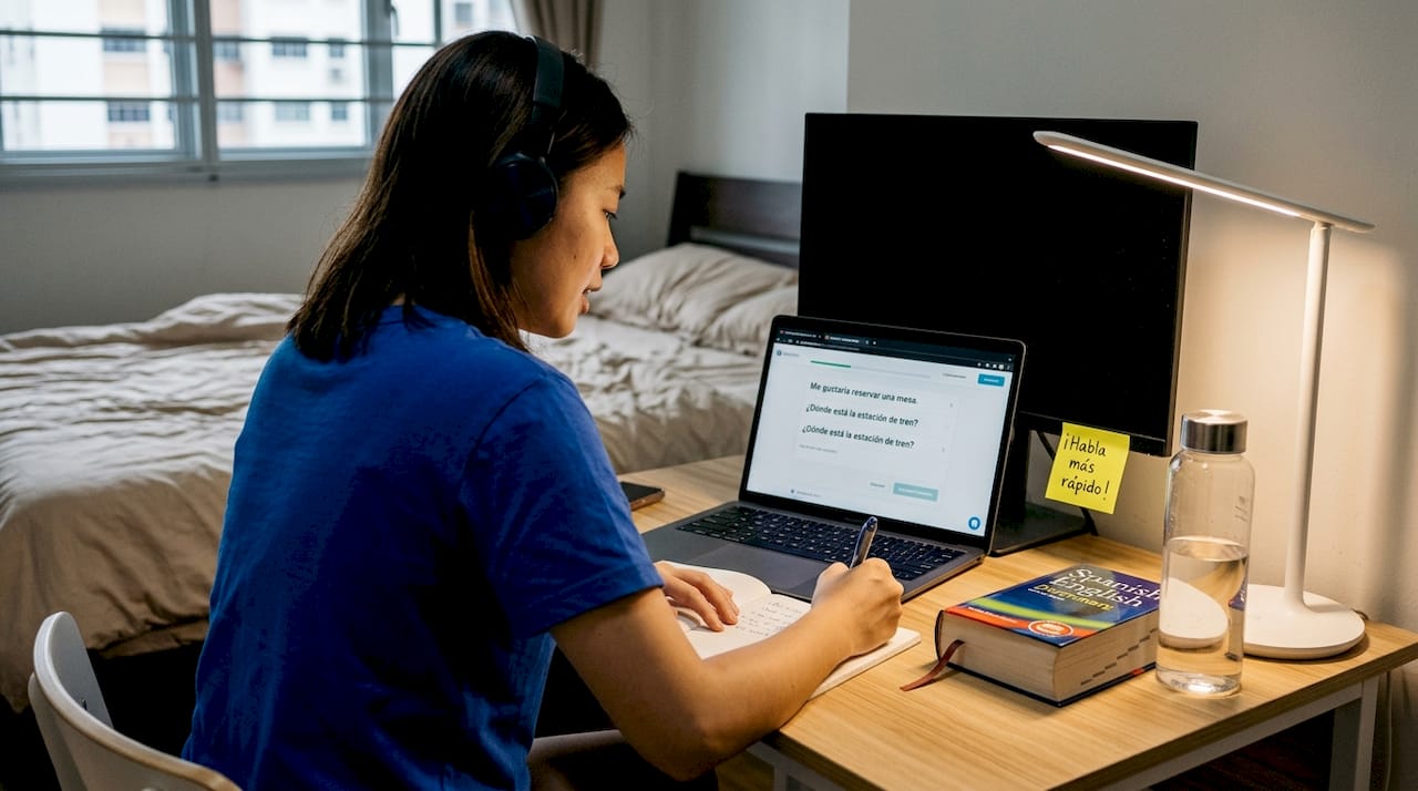 Woman practicing Spanish at home desk