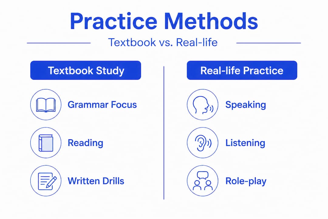 Infographic comparing textbook and real-life practice methods