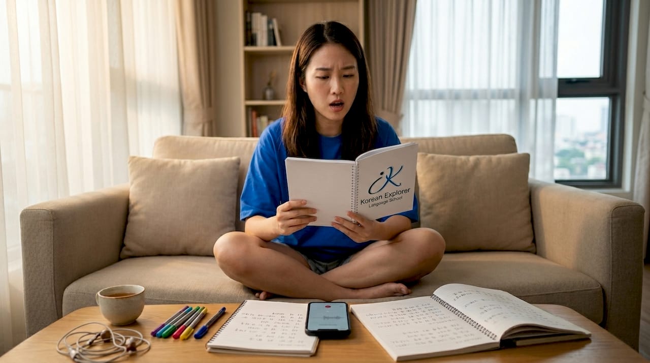 Woman practicing Korean pronunciation in cozy living room