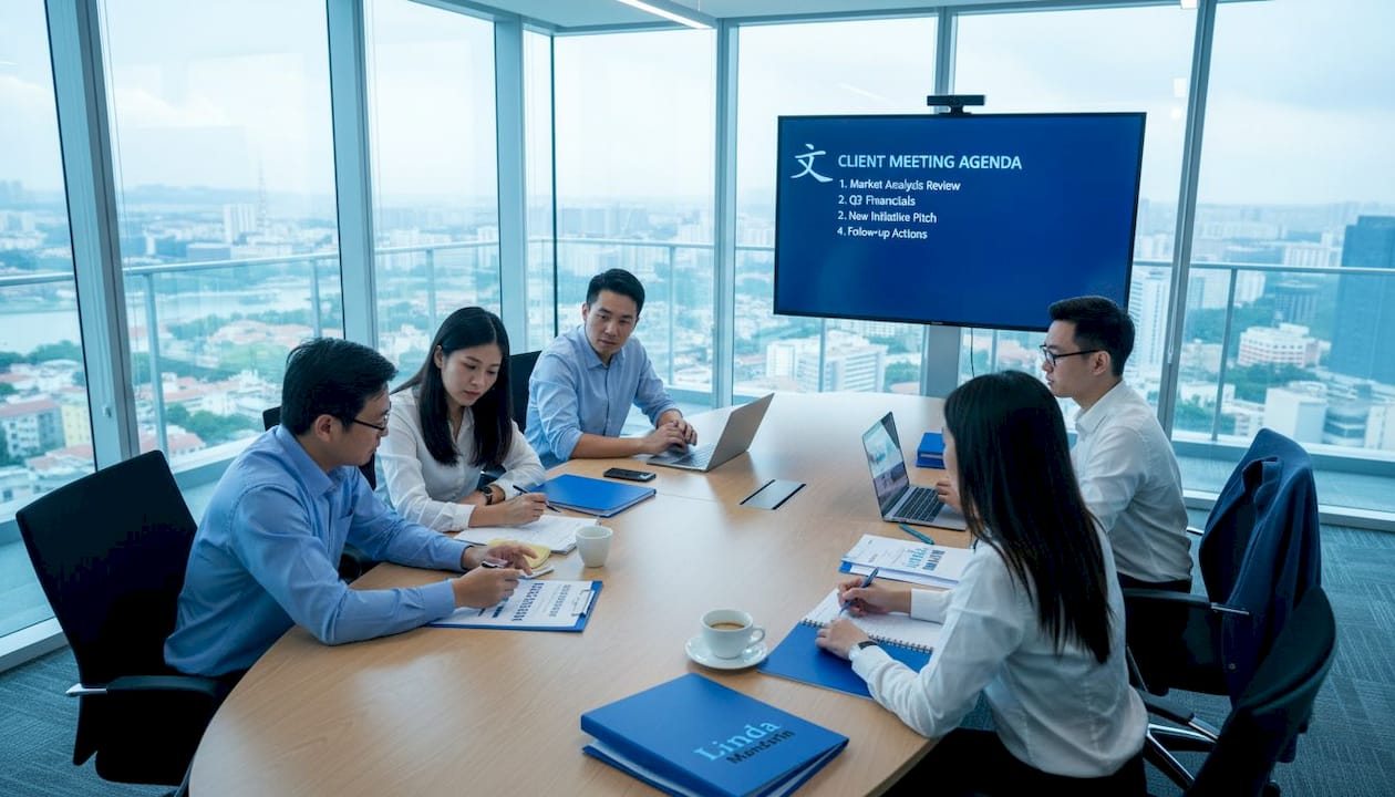 Singaporean office team discussing Mandarin report