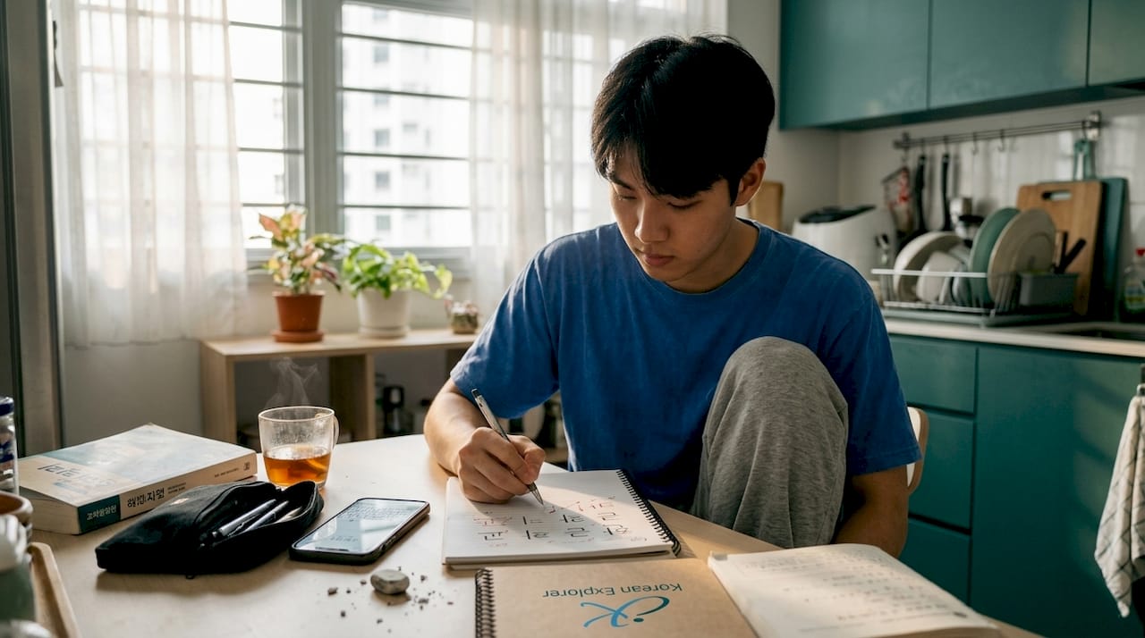 Young man practicing Hangul writing at home table