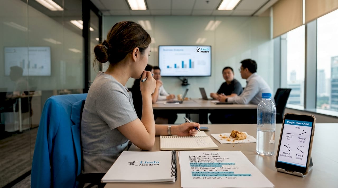 Woman practicing business Mandarin in meeting