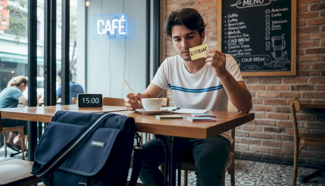 Man practicing Spanish with flashcards in café