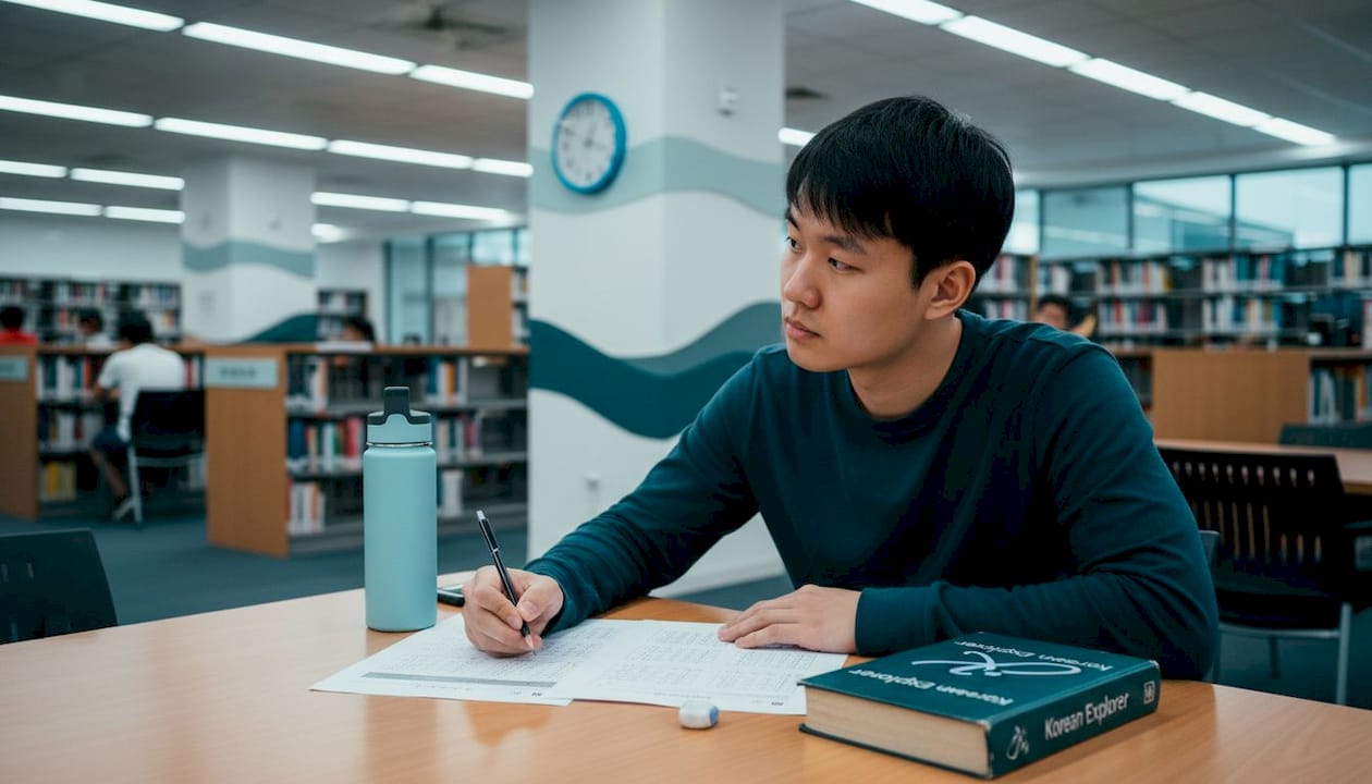 Man taking timed Korean proficiency test