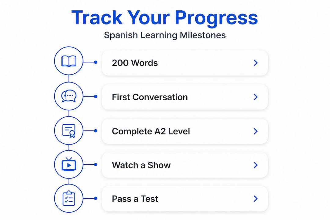 Infographic showing Spanish learning milestones and steps